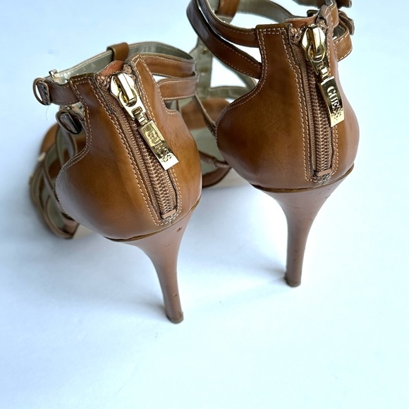 Guess Brown Leather Gold Studded Strappy 4.5” Stiletto Heels Sz 10 - Picture 6 of 9